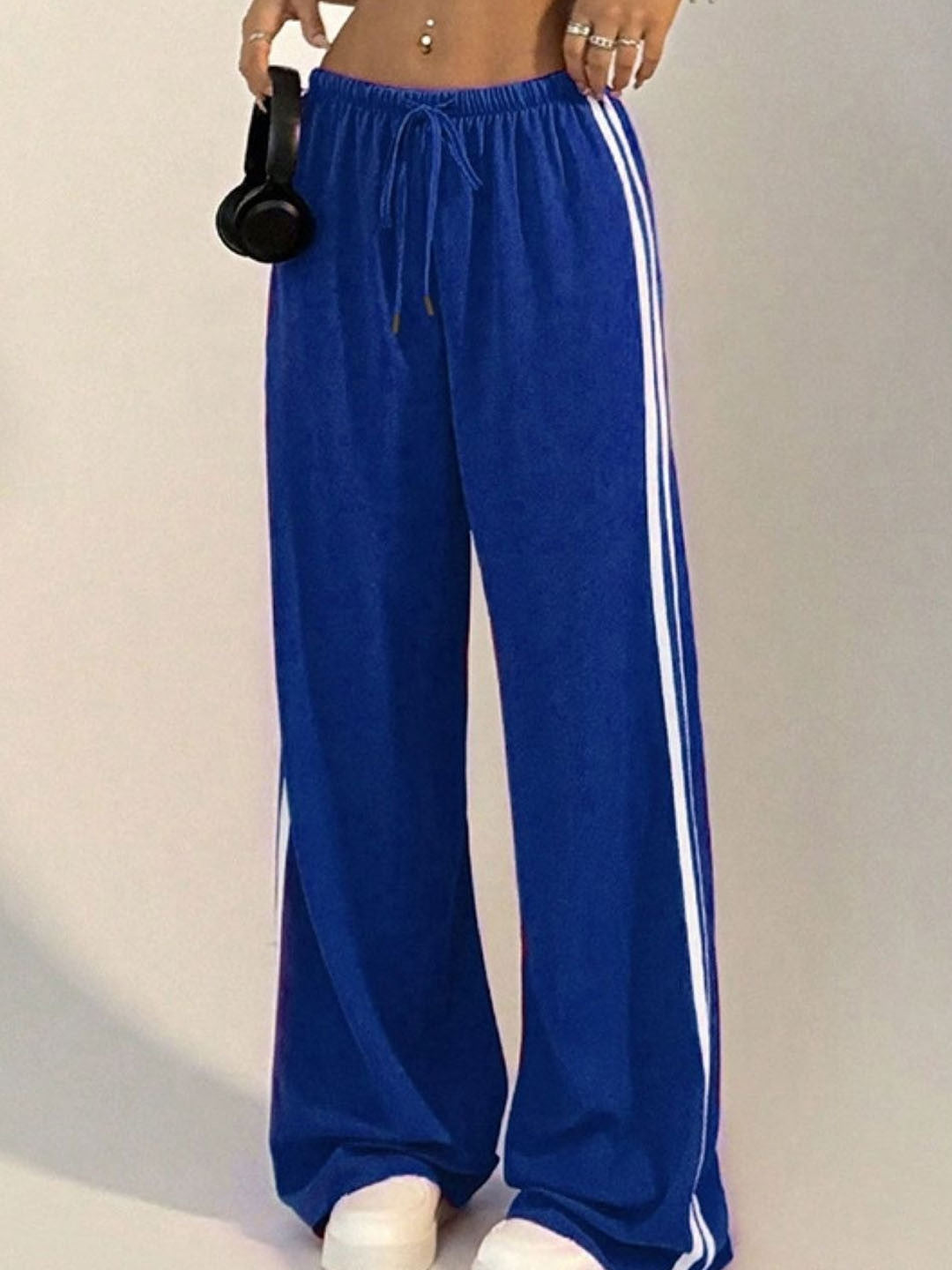 Blue Loose Fit Striped Polyester Trouser