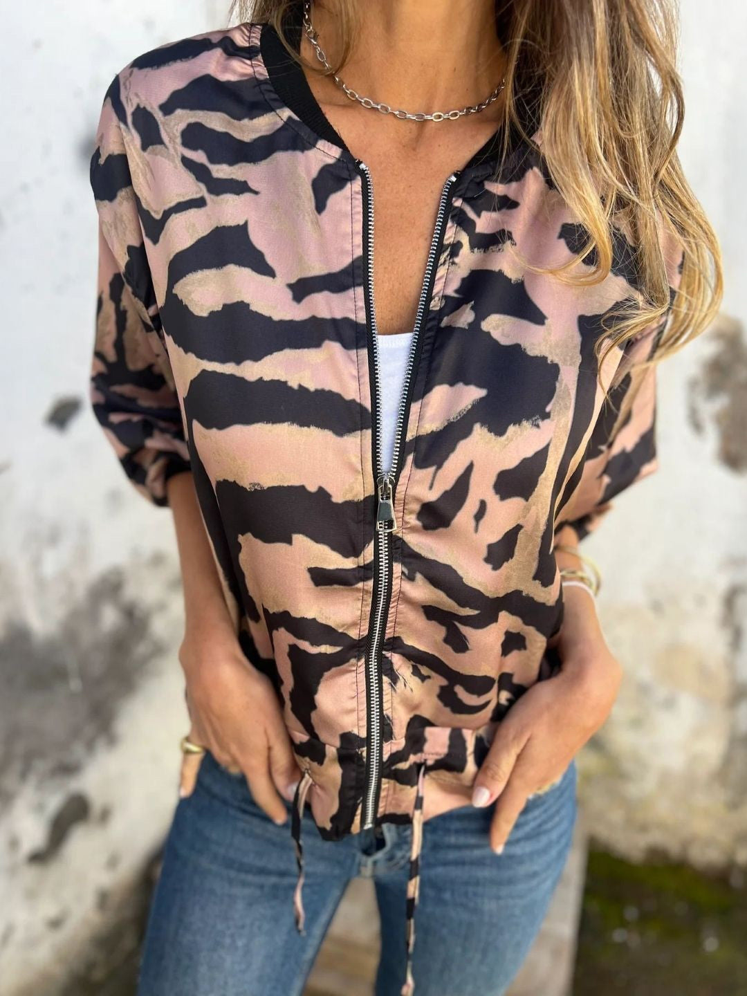 Pink Collarless Long Sleeves Printed Polyester NA