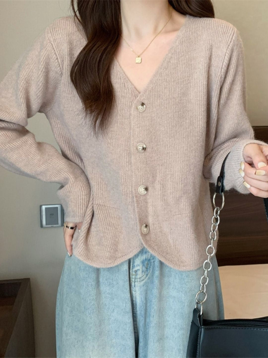 Khaki Scoop Neck Long Sleeves Solid Polyester Top