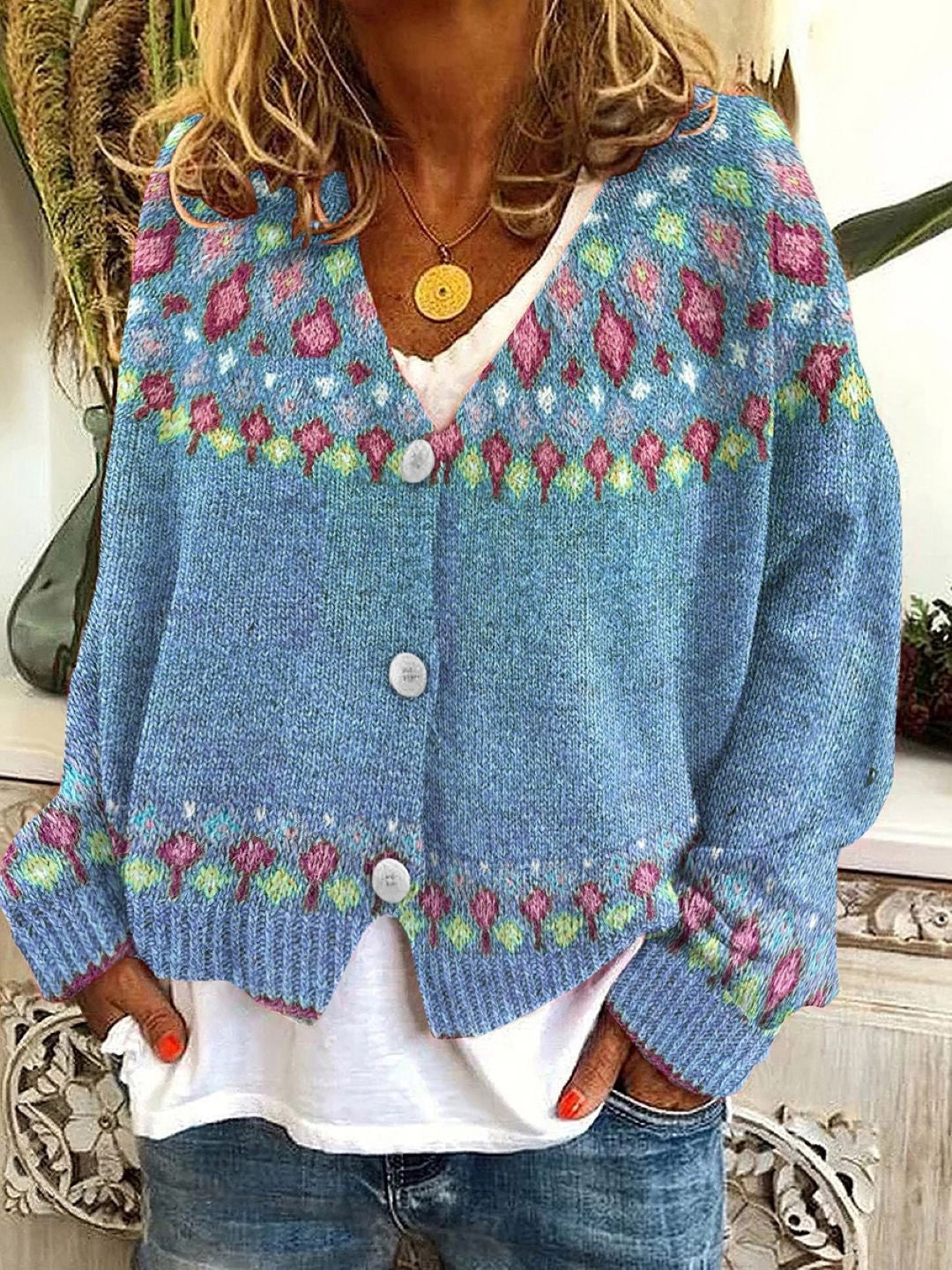 Blue Collarless Abstract Long Sleeves Viscose Rayon Jacket