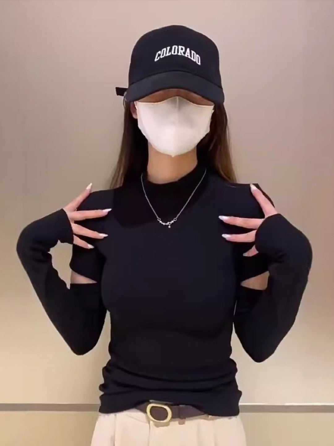 Black Mandarin Collar Long Sleeves Solid Viscose Rayon Top