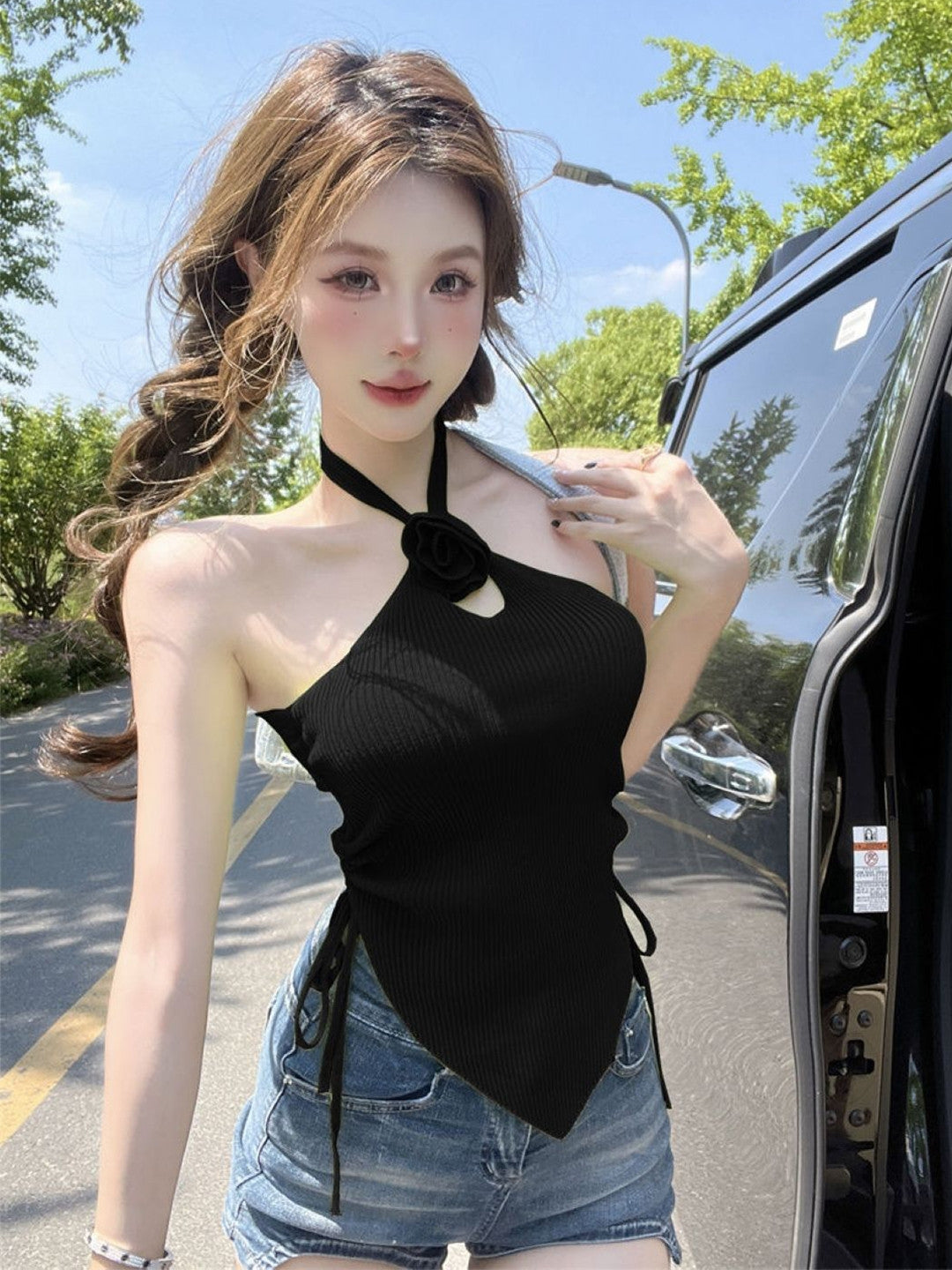 Black Shoulder Straps Sleeveless Solid Polyester Top