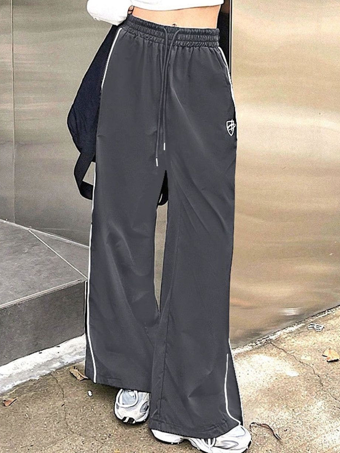 Grey Relaxed Fit Striped Polyester Trouser