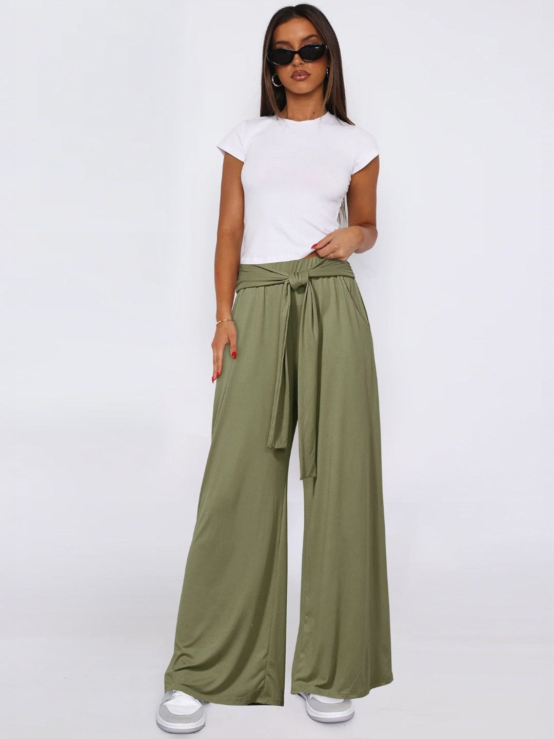 Green Loose Fit Solid Polyester Trouser