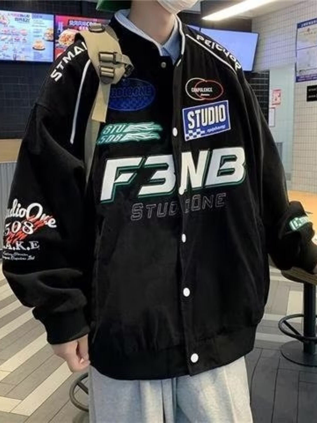 Black Collarless Long Sleeves Typography Polyester Open Front Jacket