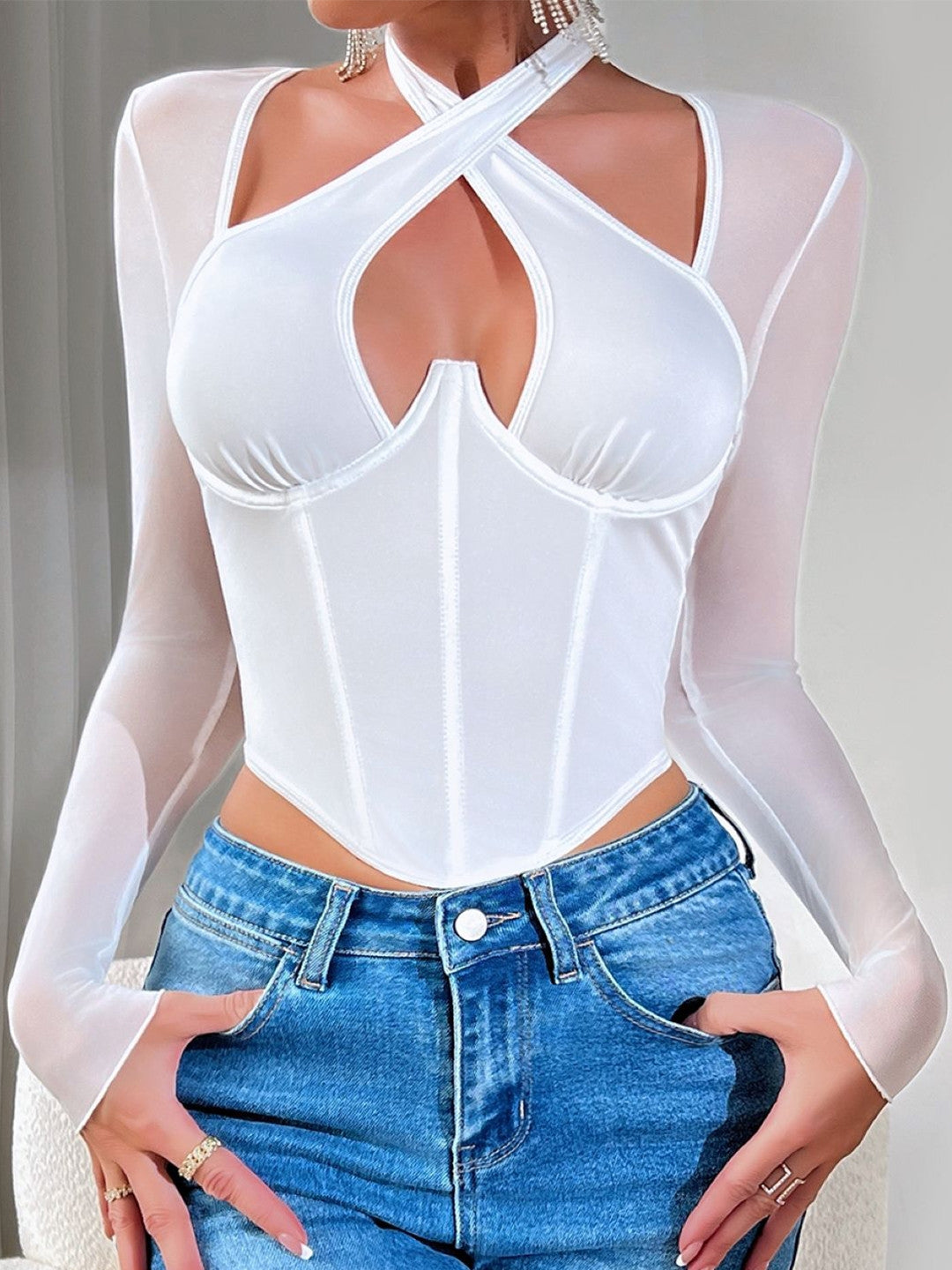 White V-Neck Long Sleeves Solid Polyester Corset Top