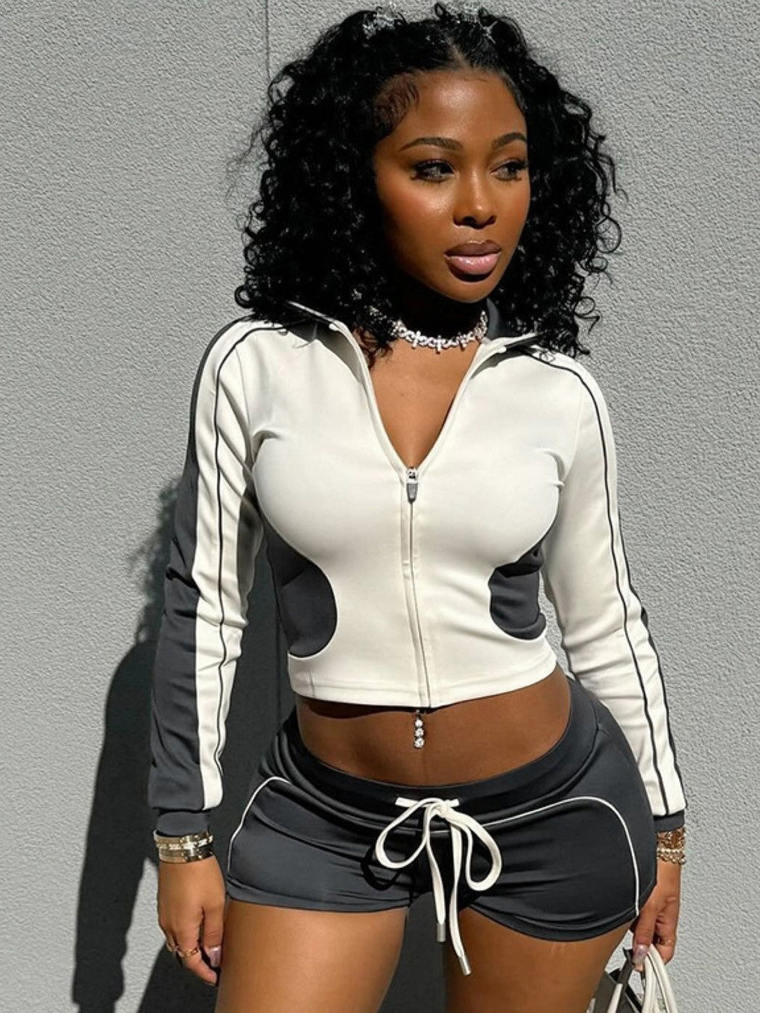 Cream Mandarin Collar Long Sleeves Colourblocked Polyester NA