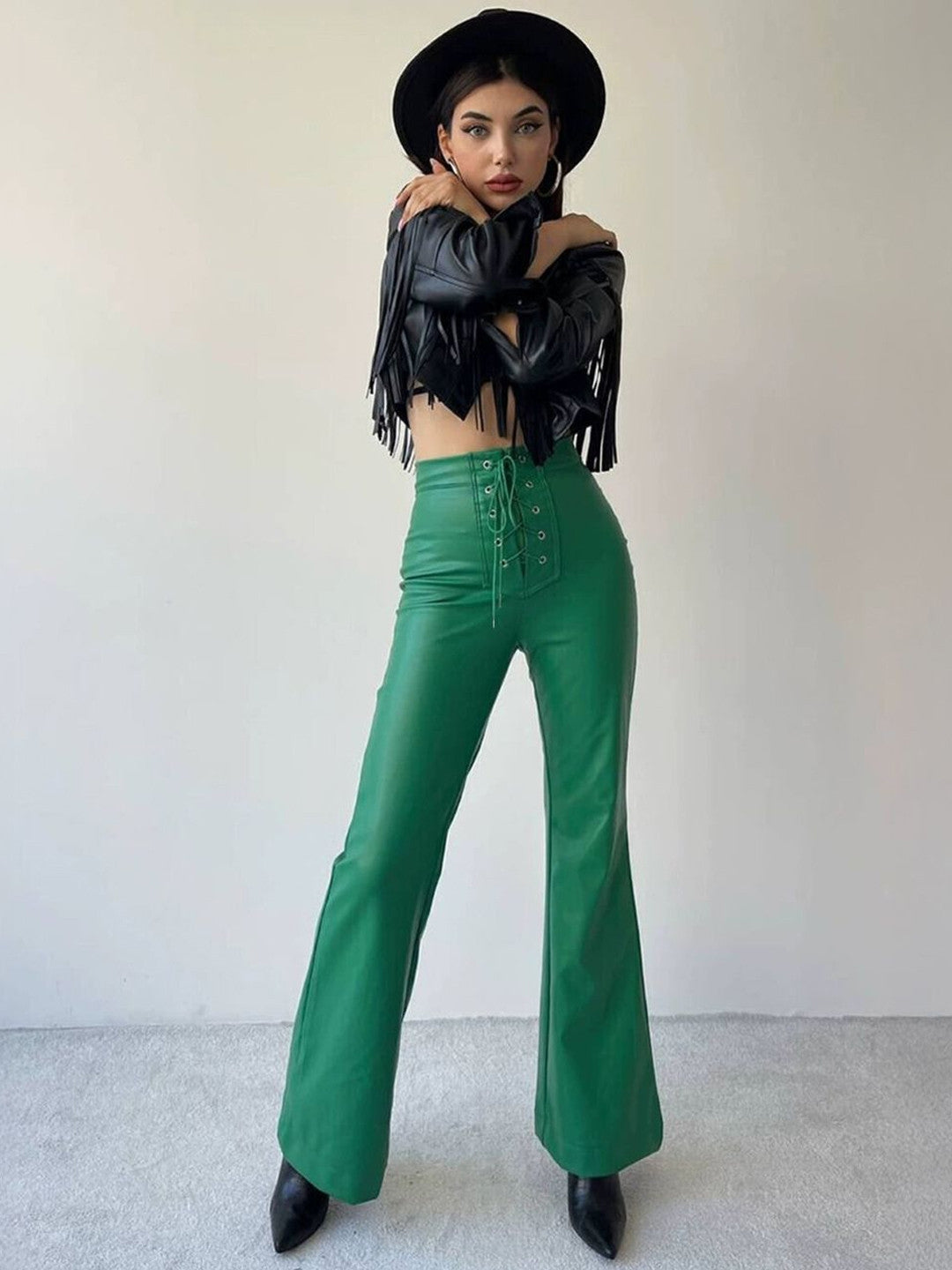 Green Skinny Fit Solid PU Trouser