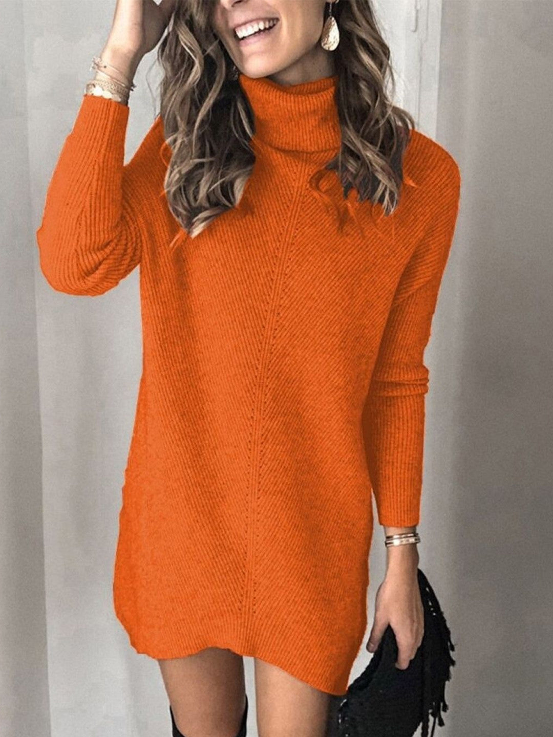 Orange Mandarin Collar Long Sleeves Solid Acrylic Top