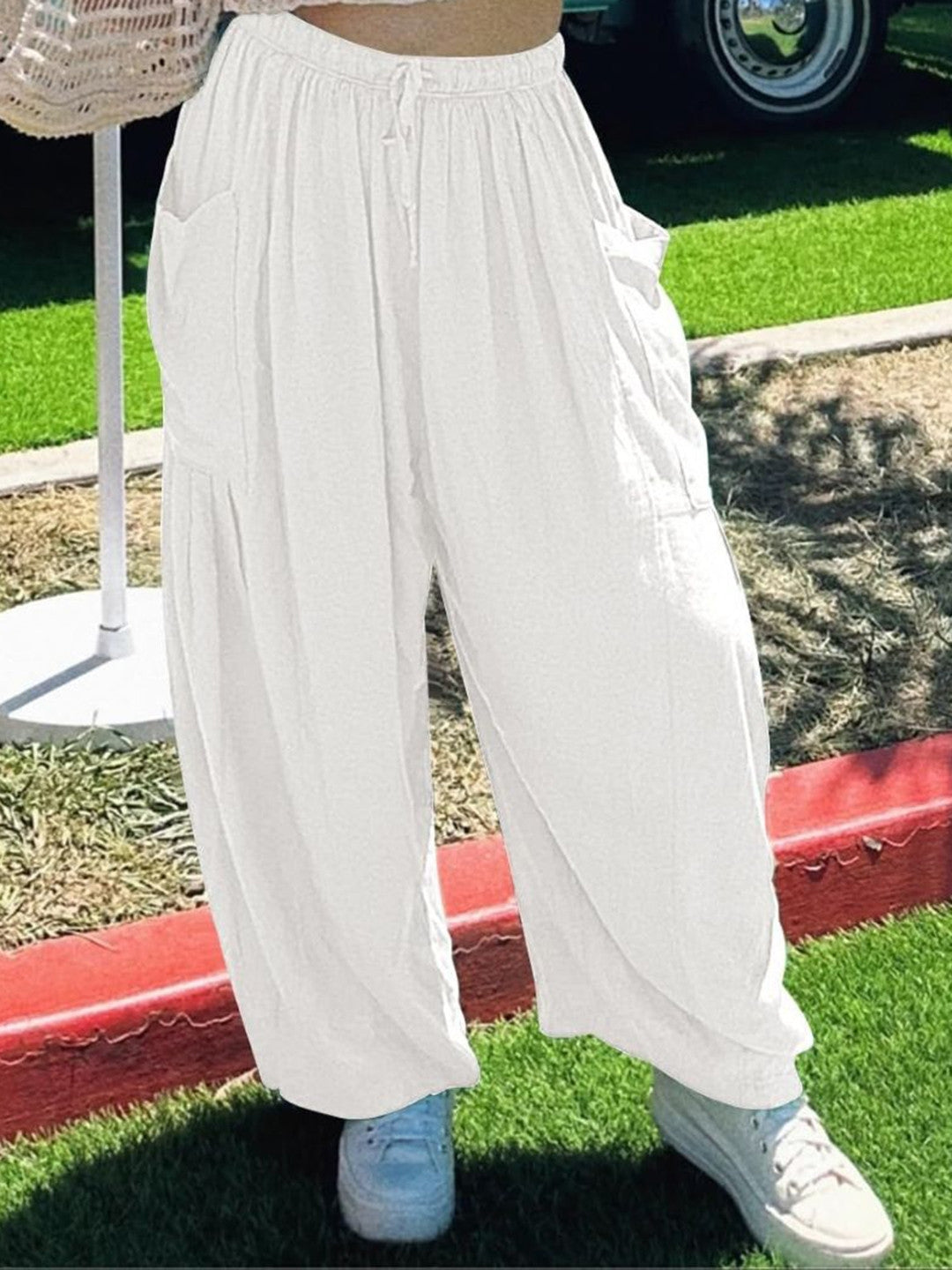 White Loose Fit Solid Polyester Trouser