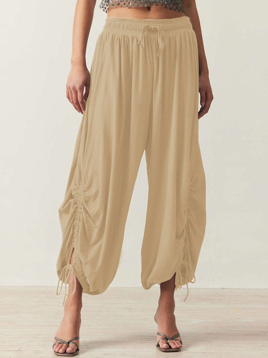 Khaki Loose Fit Solid Polyester Trouser