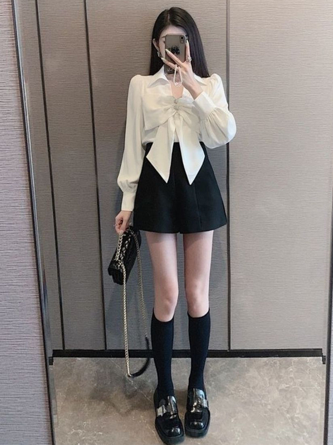 White Shirt Collar Long Sleeves Solid Polyester Top
