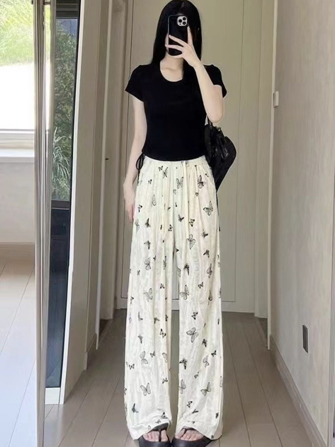 White Printed Loose Fit Polyester Trouser