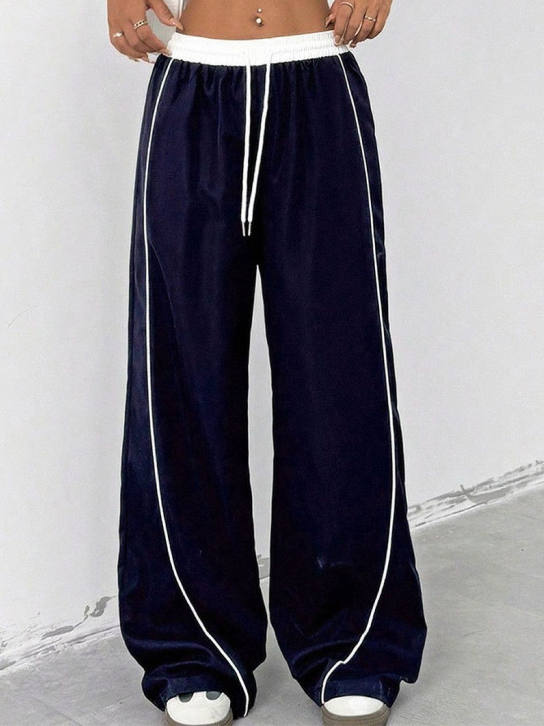 Blue Loose Fit Striped Polyester Trouser