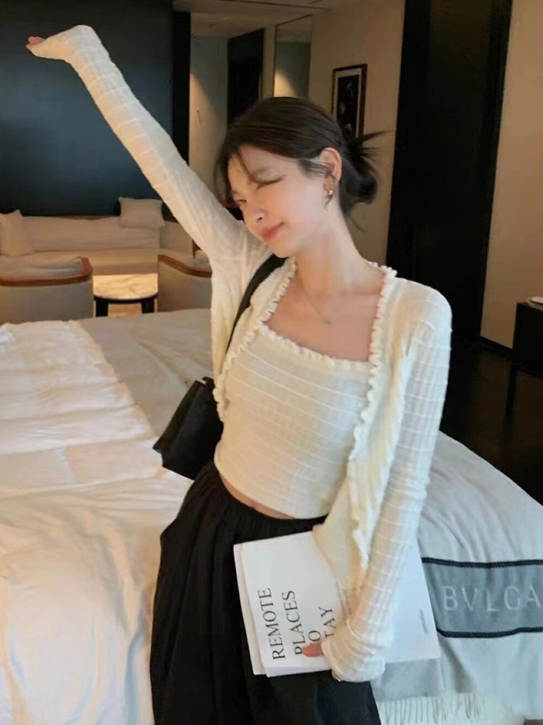 White Round Neck Long Sleeves Solid Regular Sleeves Viscose Rayon Top