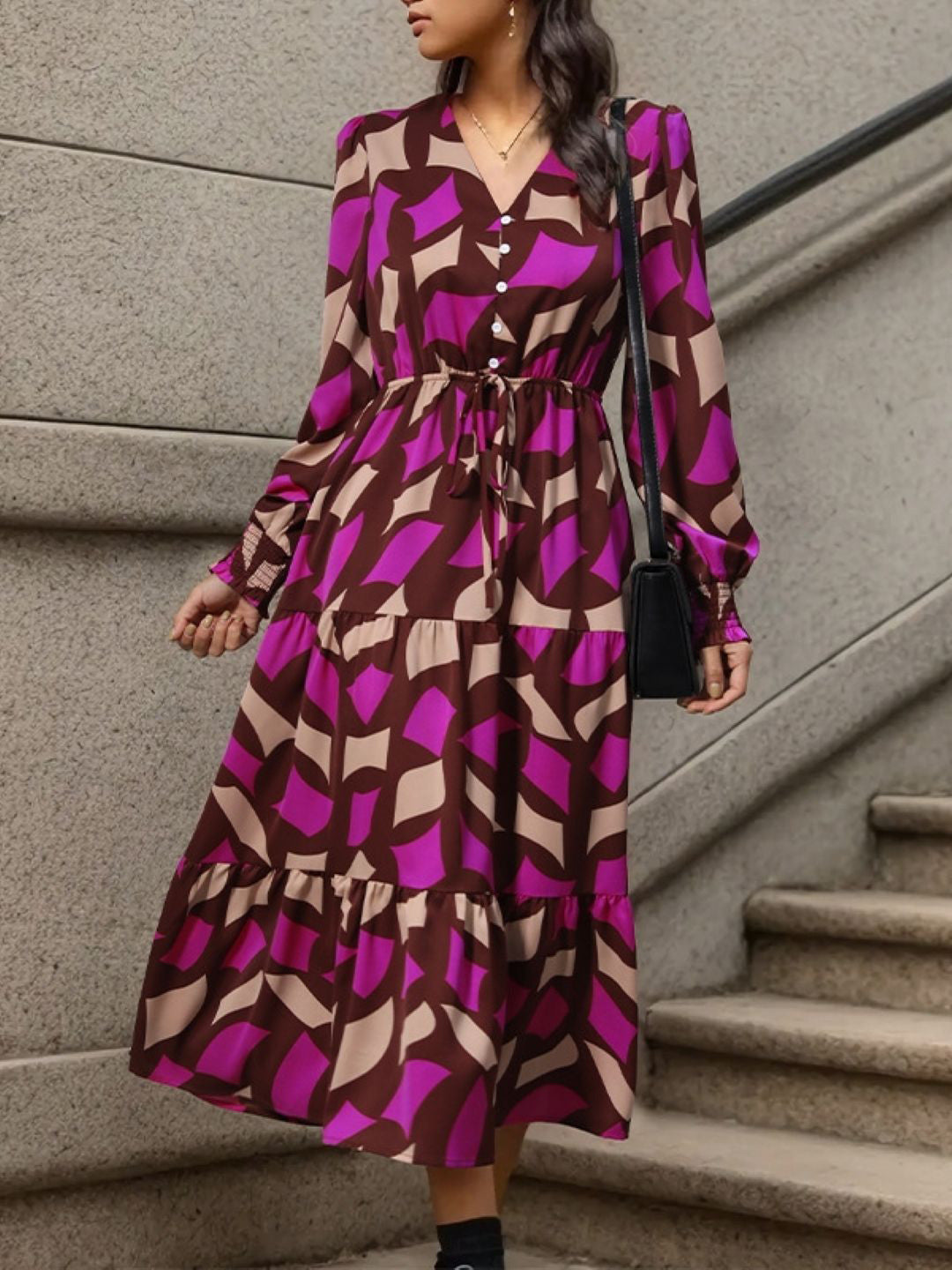 Pink V-Neck Printed Long Sleeves Midi A-Line Polyester Dress