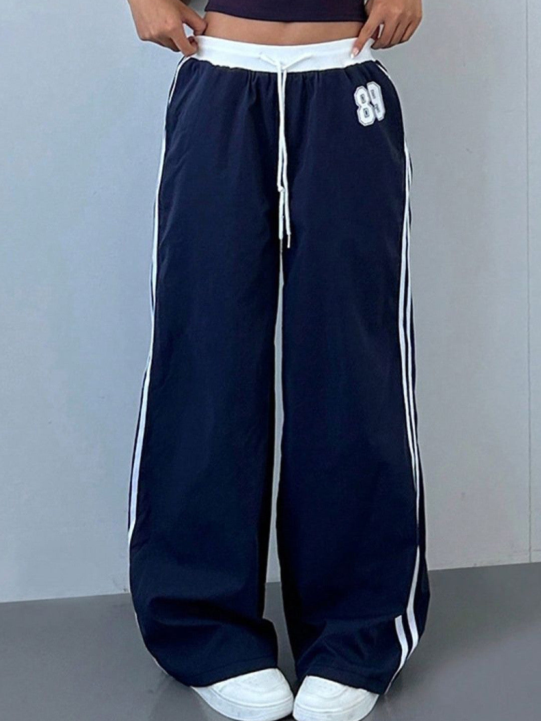 Blue Loose Fit Striped Polyester Trouser