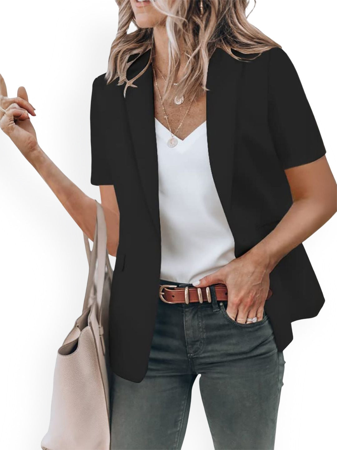 Black Lapel Collar Short Sleeves Solid Polyester Open Front Jacket