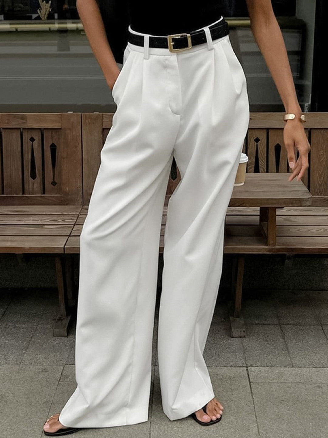 White Relaxed Fit Solid Polyester Trouser
