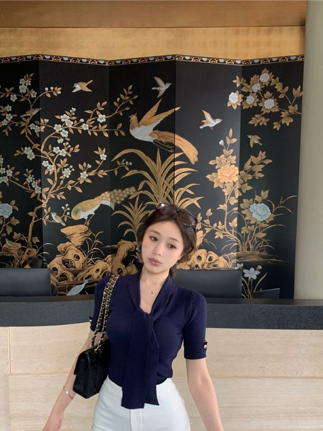 Navy Blue V-Neck Short Sleeves Solid Polyester Top