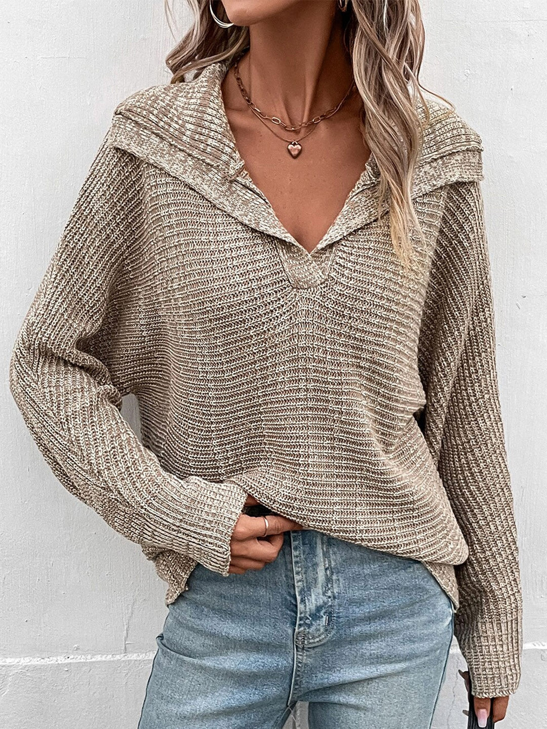Khaki Acrylic V-Neck Sweater