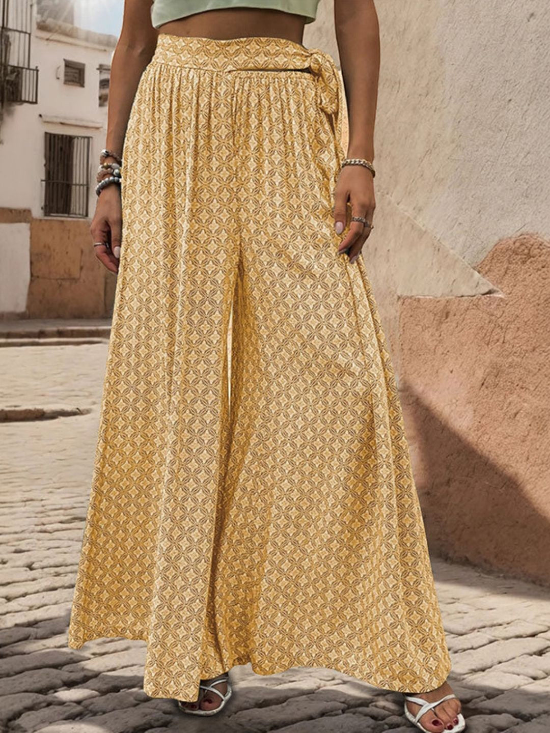 Yellow Loose Fit Printed Polyester Trouser
