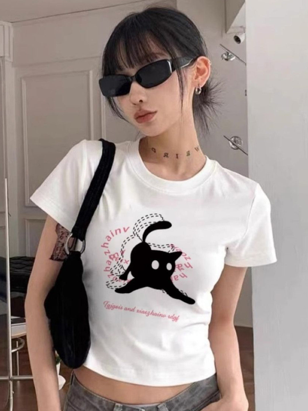 White Round Neck Short Sleeves Graphic Polyester Tops