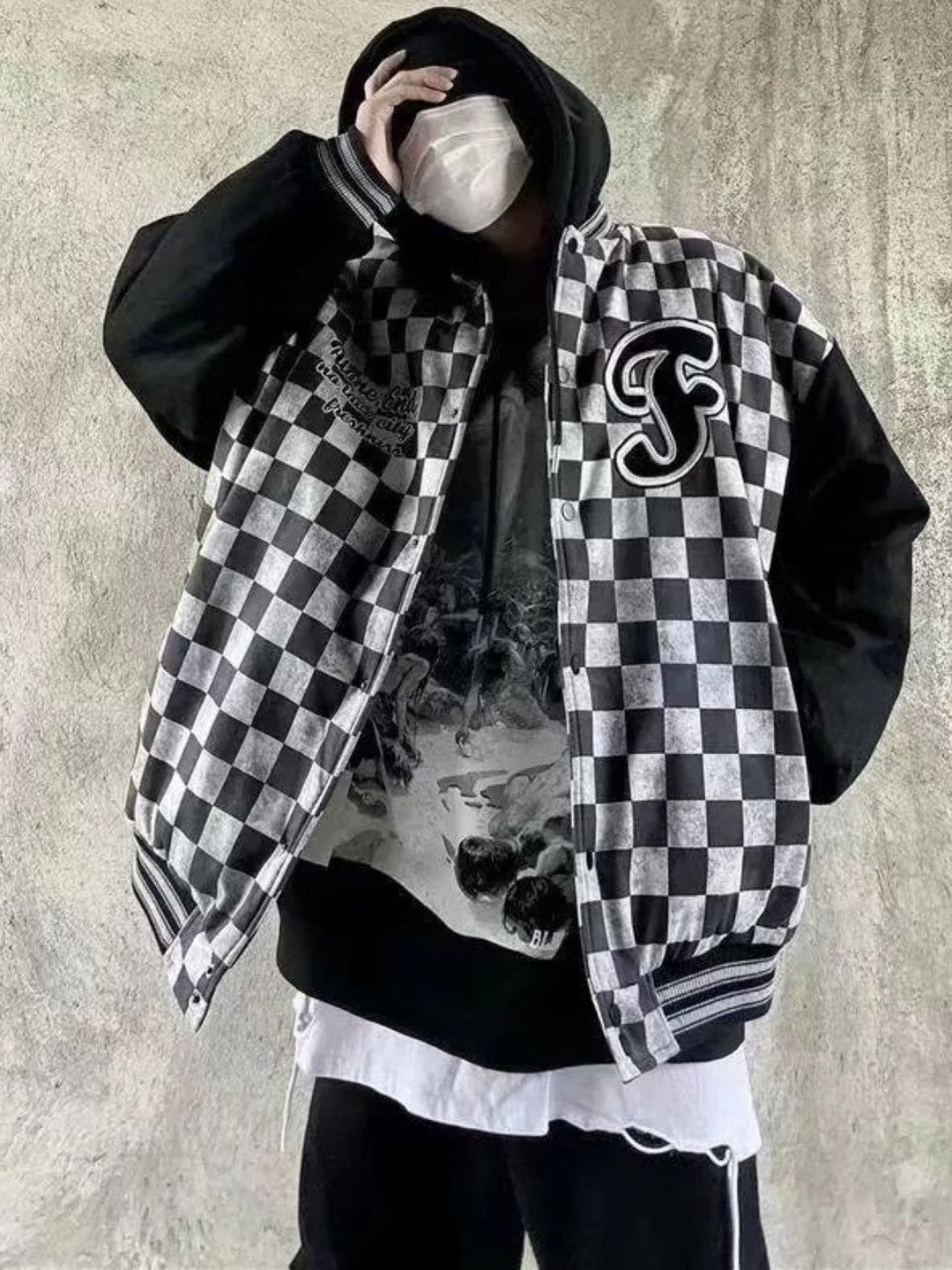 Black Collarless Long Sleeves Checked Polyester Open Front Jacket