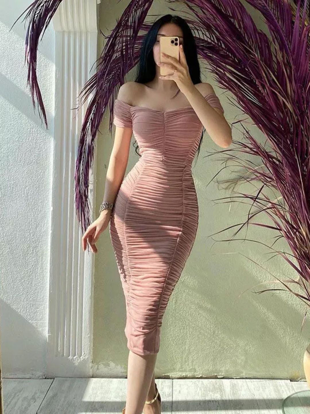 Pink Off-Shoulder Solid Midi Bodycon Short Sleeves Polyester Dress