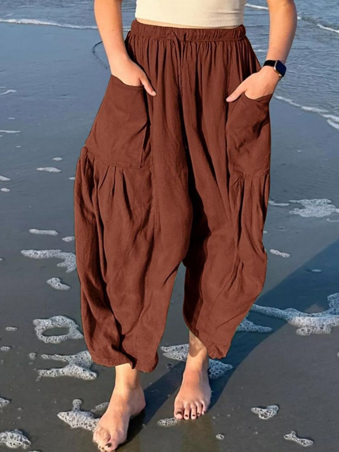 Brown Loose Fit Solid Polyester Trouser