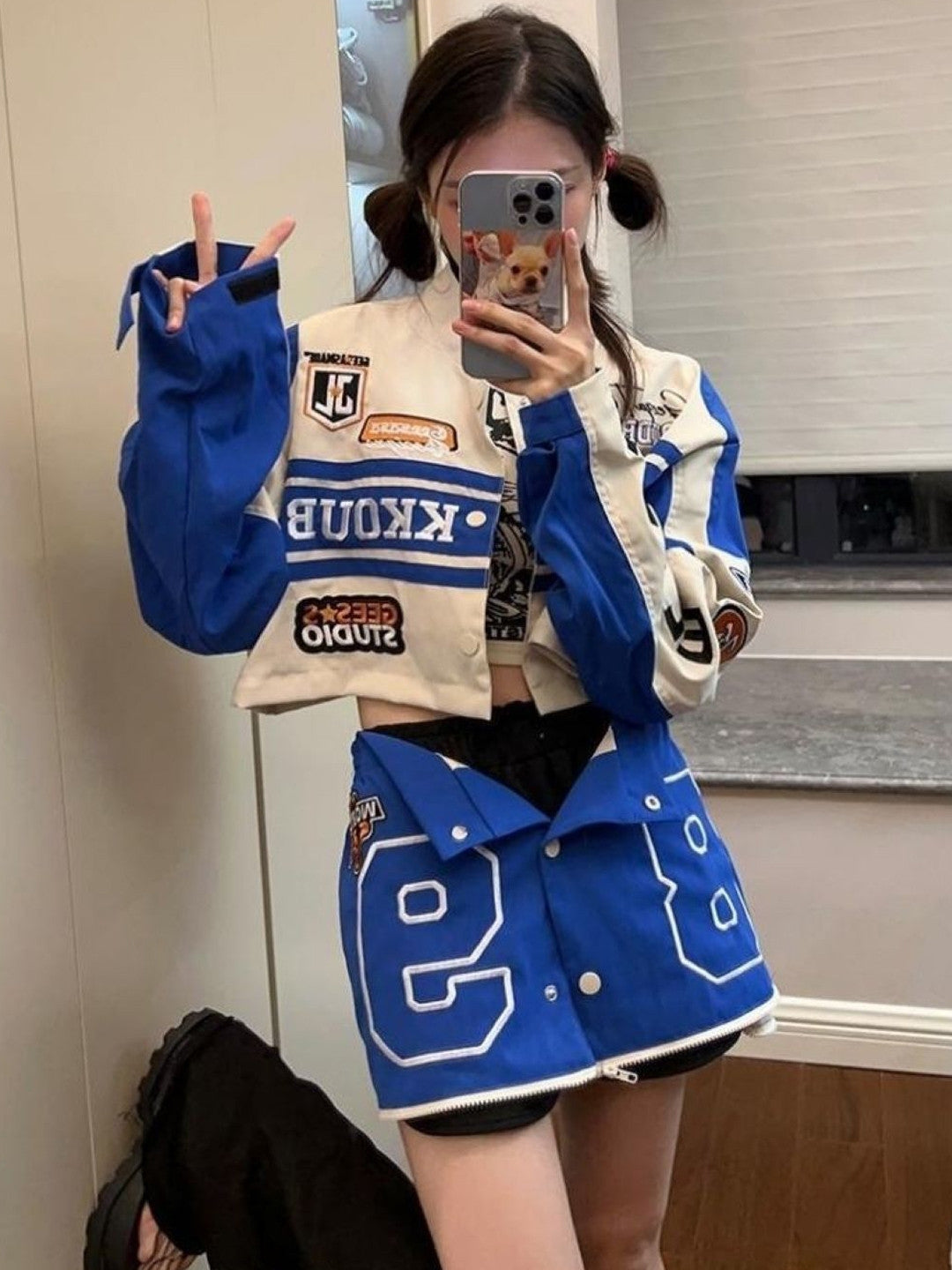 Blue Collarless Long Sleeves Typography Polyester Open Front Jacket