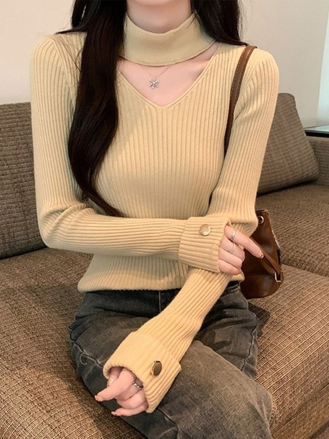 Khaki Mandarin Collar Long Sleeves Solid Polyester Top