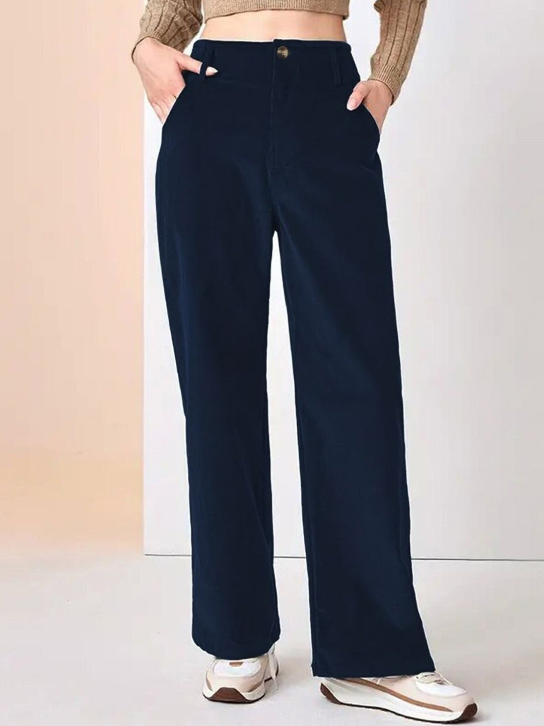 Navy Blue Relaxed Fit Solid Polyester Trouser