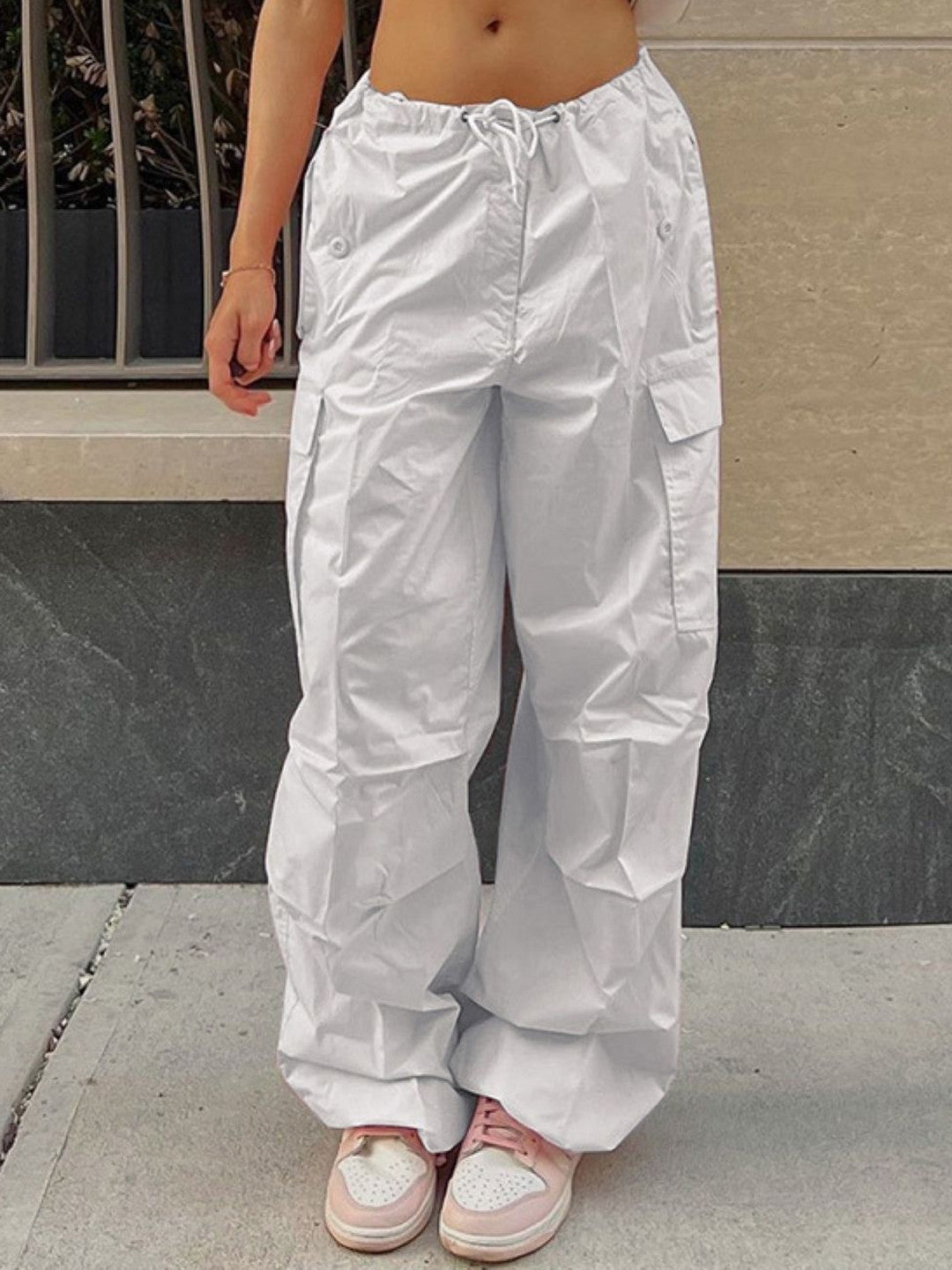 White Solid Loose Fit Polyester Trouser