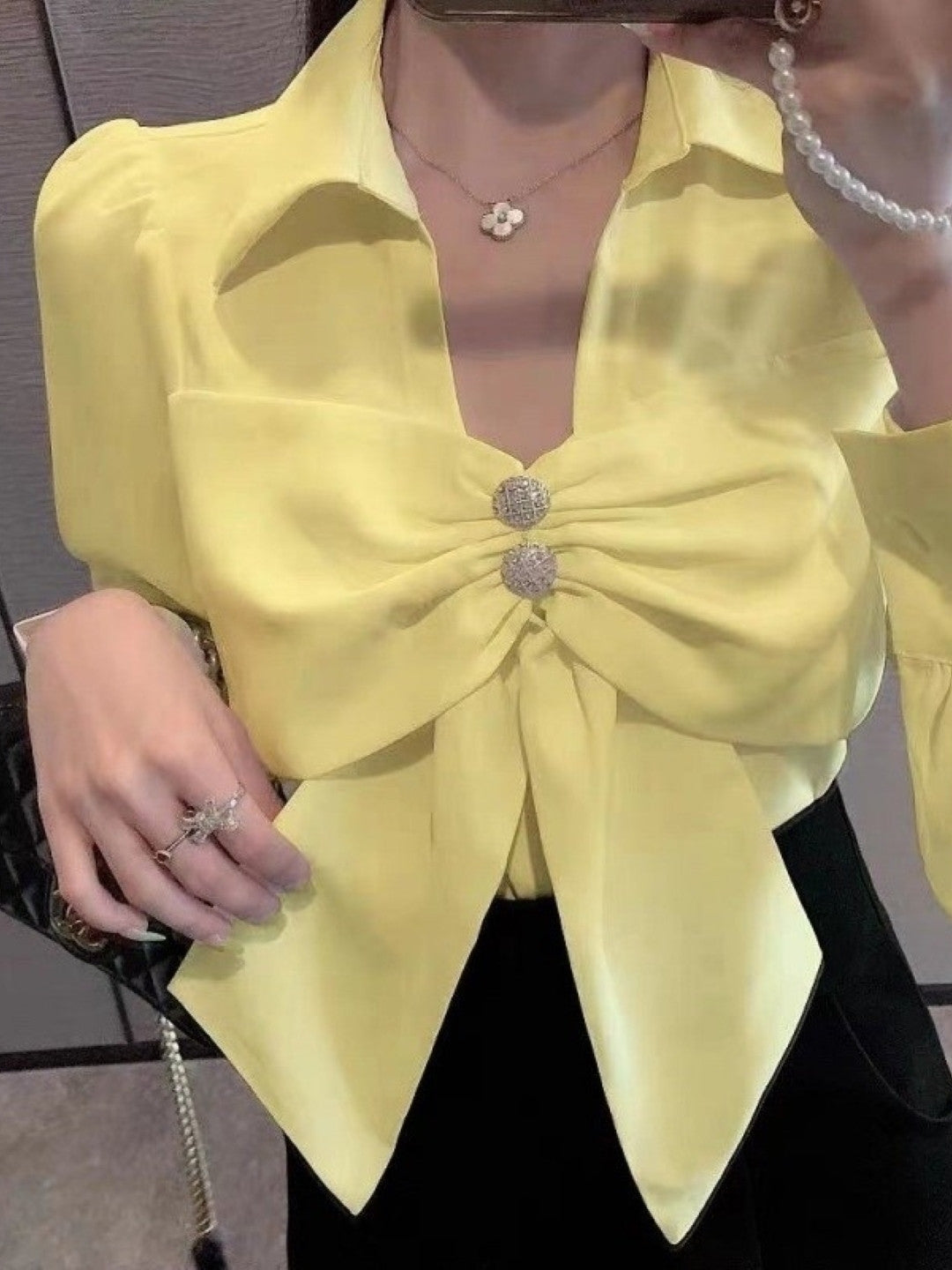 Yellow Shirt Collar Long Sleeves Solid Polyester Top