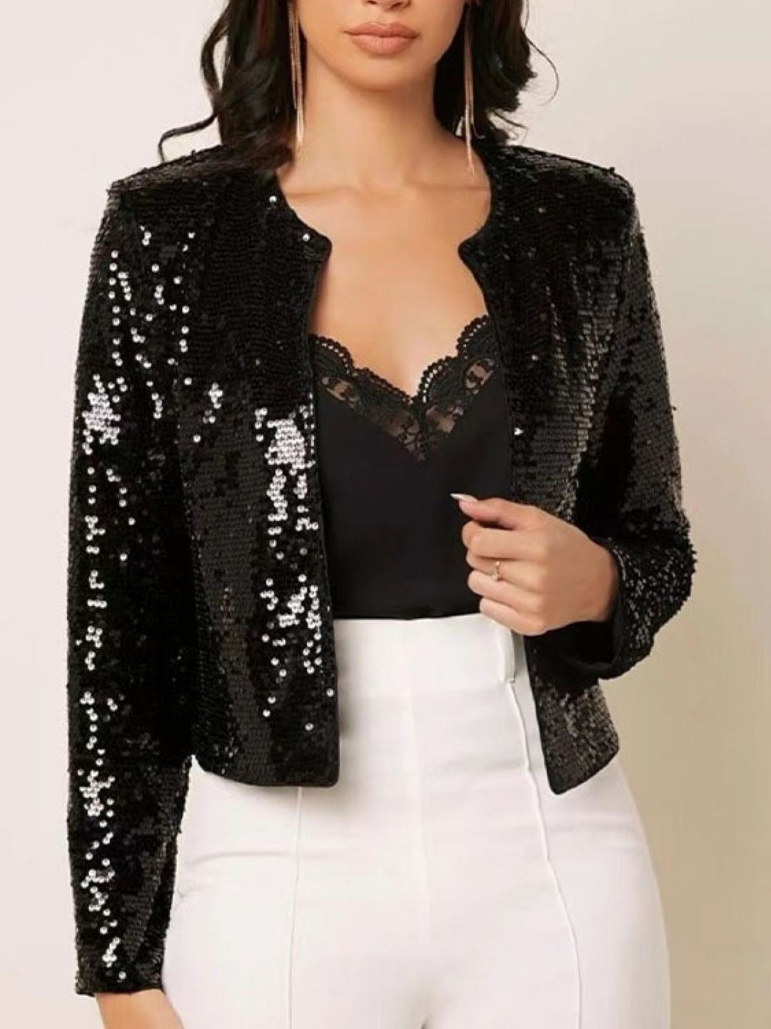 Black Collarless Long Sleeves Solid Polyester Open Front Jacket