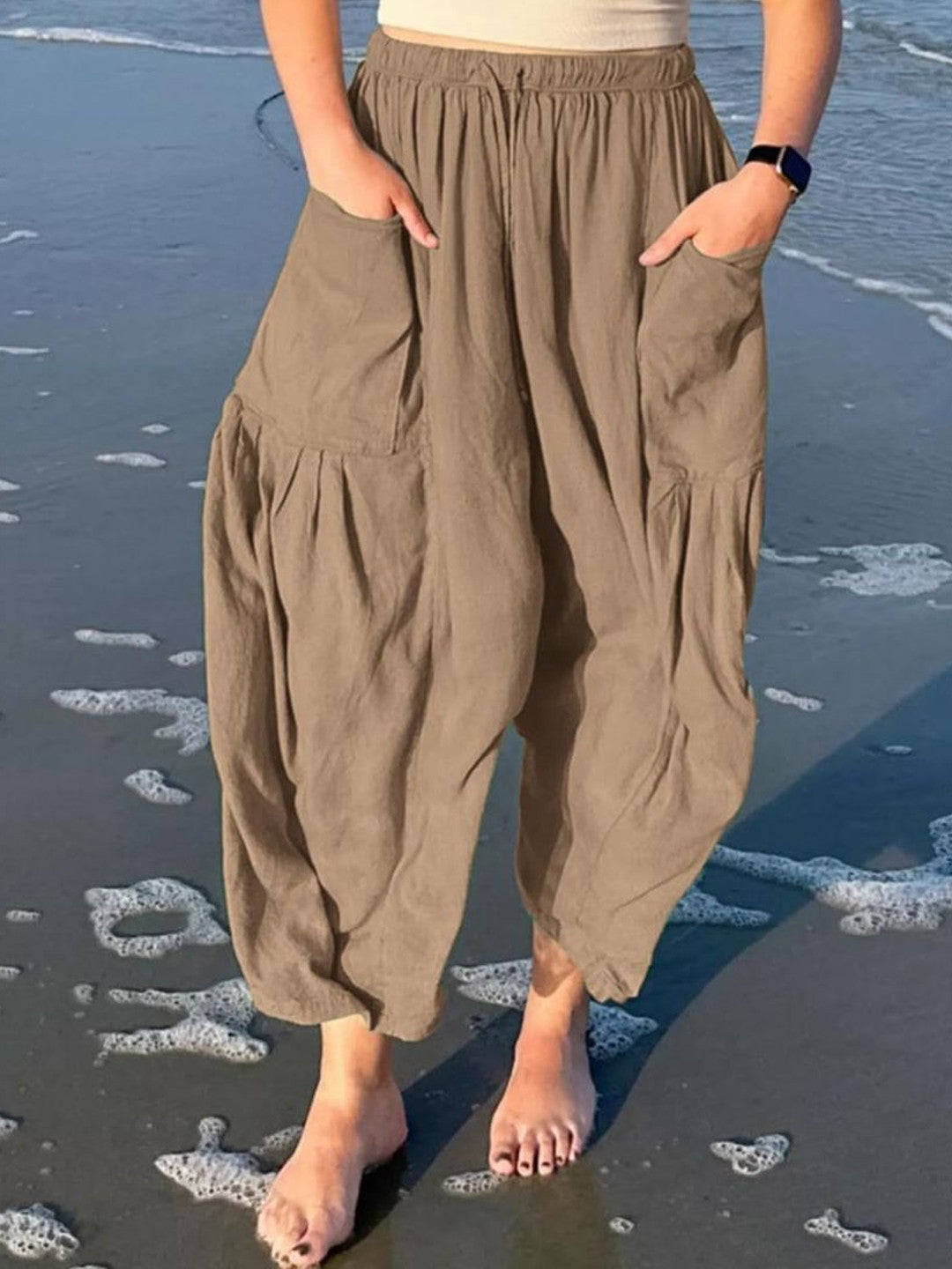 Khaki Loose Fit Solid Polyester Trouser