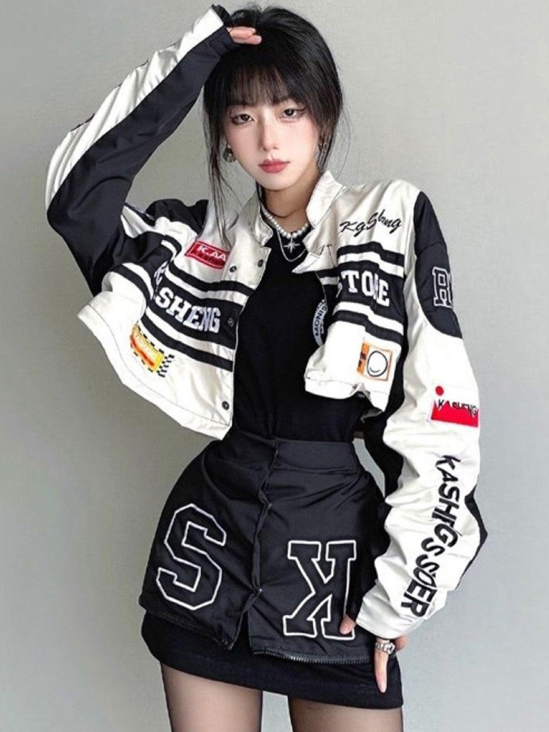 White Collarless Long Sleeves Typography Polyester Open Front Jacket
