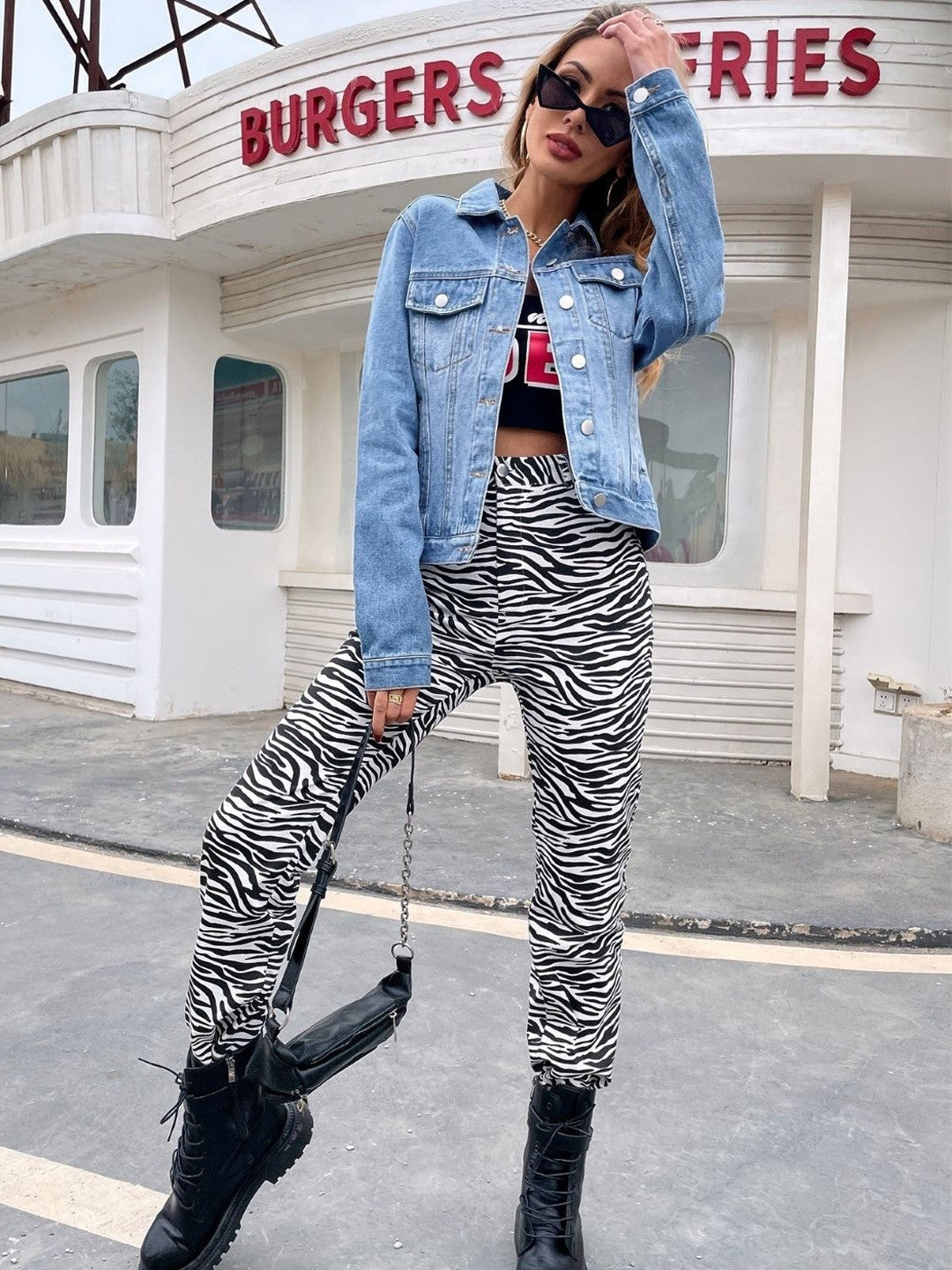 Blue Stand Collar Solid Long Sleeves Cotton Jacket