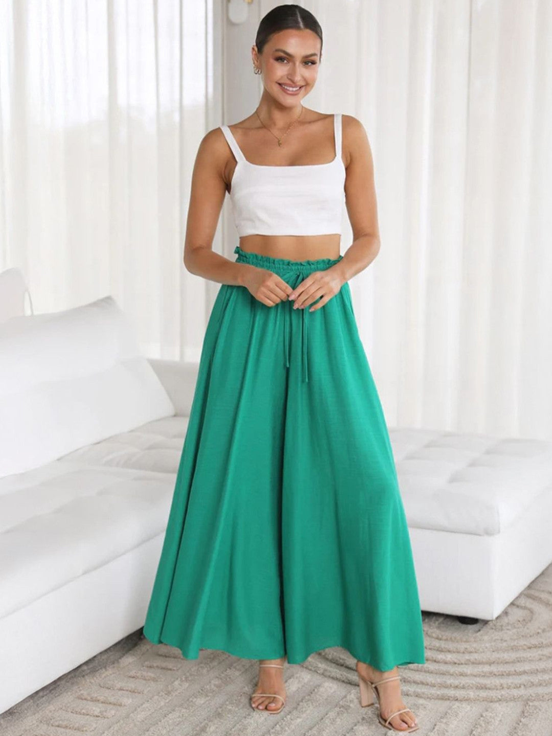 Green Loose Fit Solid Polyester Trouser