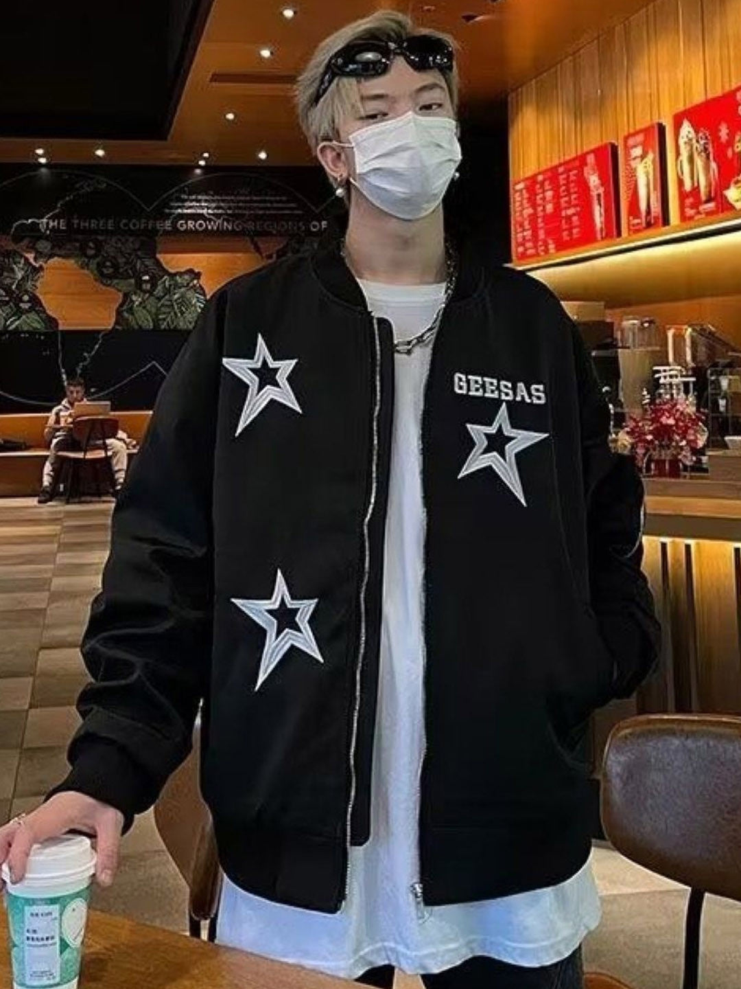 Black Collarless Long Sleeves Printed Polyester Open Front Jacket