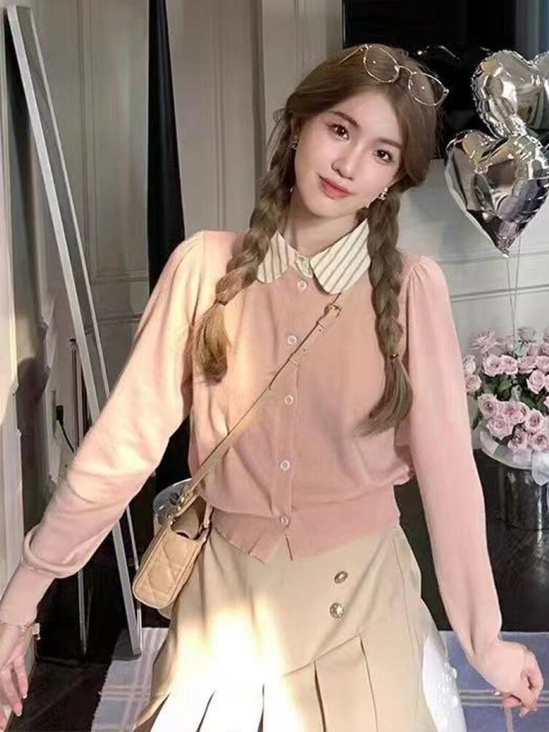 Pink Shirt Collar Long Sleeves Solid Regular Sleeves Viscose Rayon Top