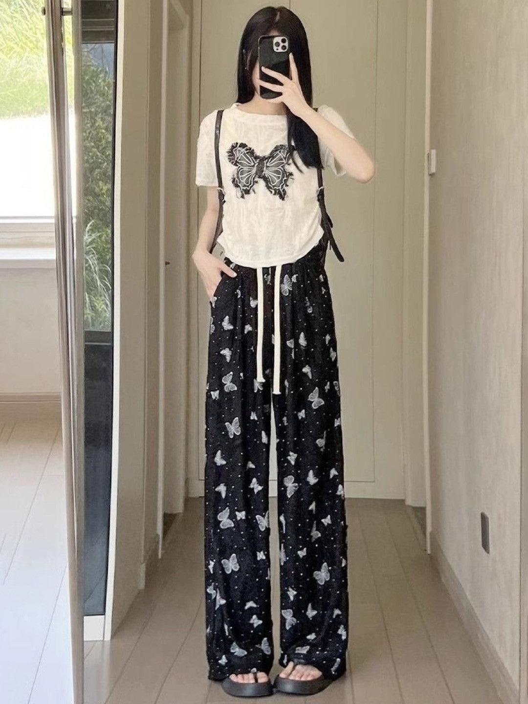 Black Printed Loose Fit Polyester Trouser
