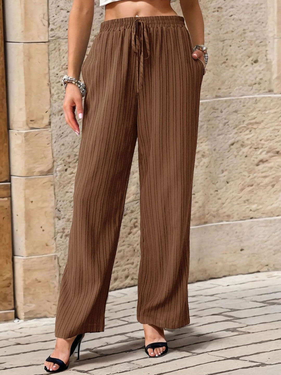 Brown Loose Fit Solid Polyester Trouser