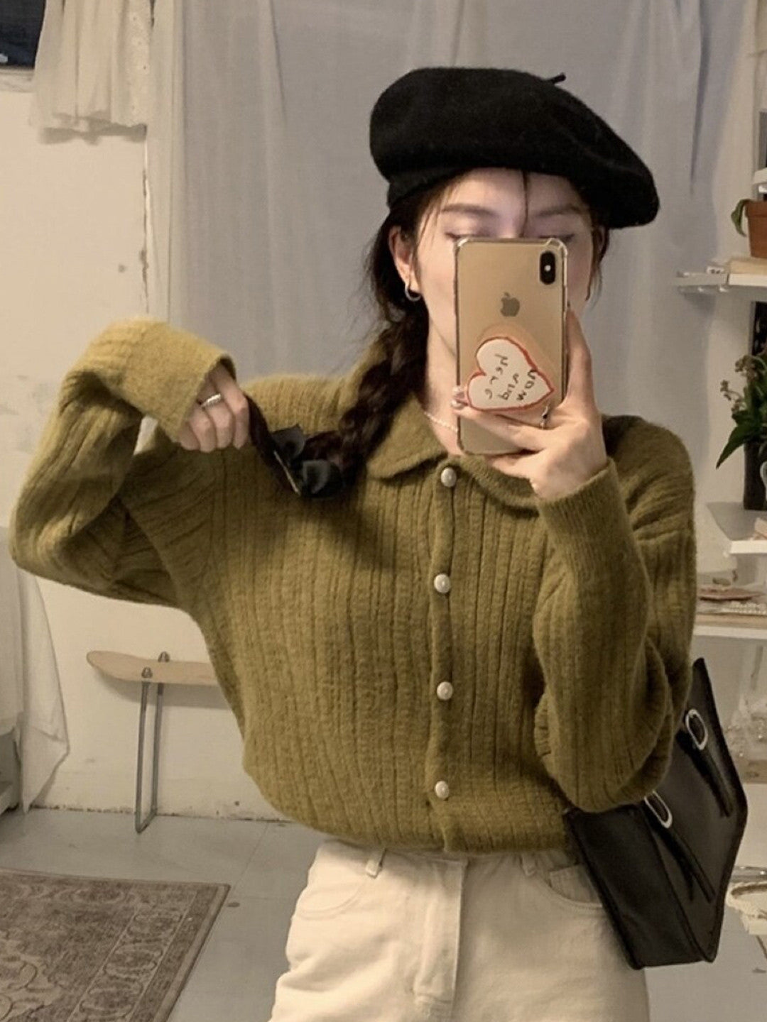 Green Shirt Collar Long Sleeves Solid Regular Sleeves Acrylic Top