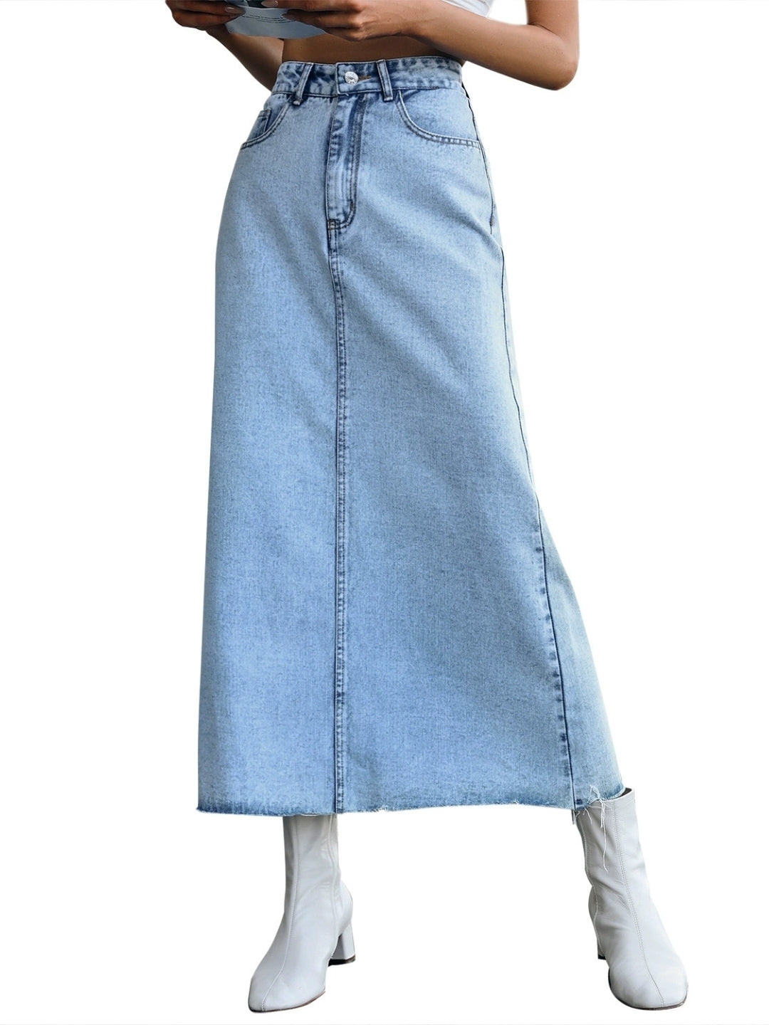 Blue Solid Maxi Cotton Blend Skirt