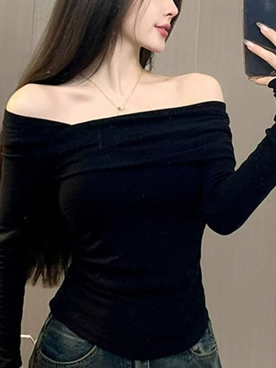Black One Shoulder Long Sleeves Solid Viscose Rayon Top