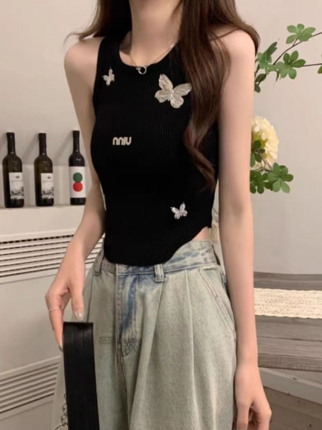 Black Round Neck Solid Sleeveless Viscose Rayon Regular Top