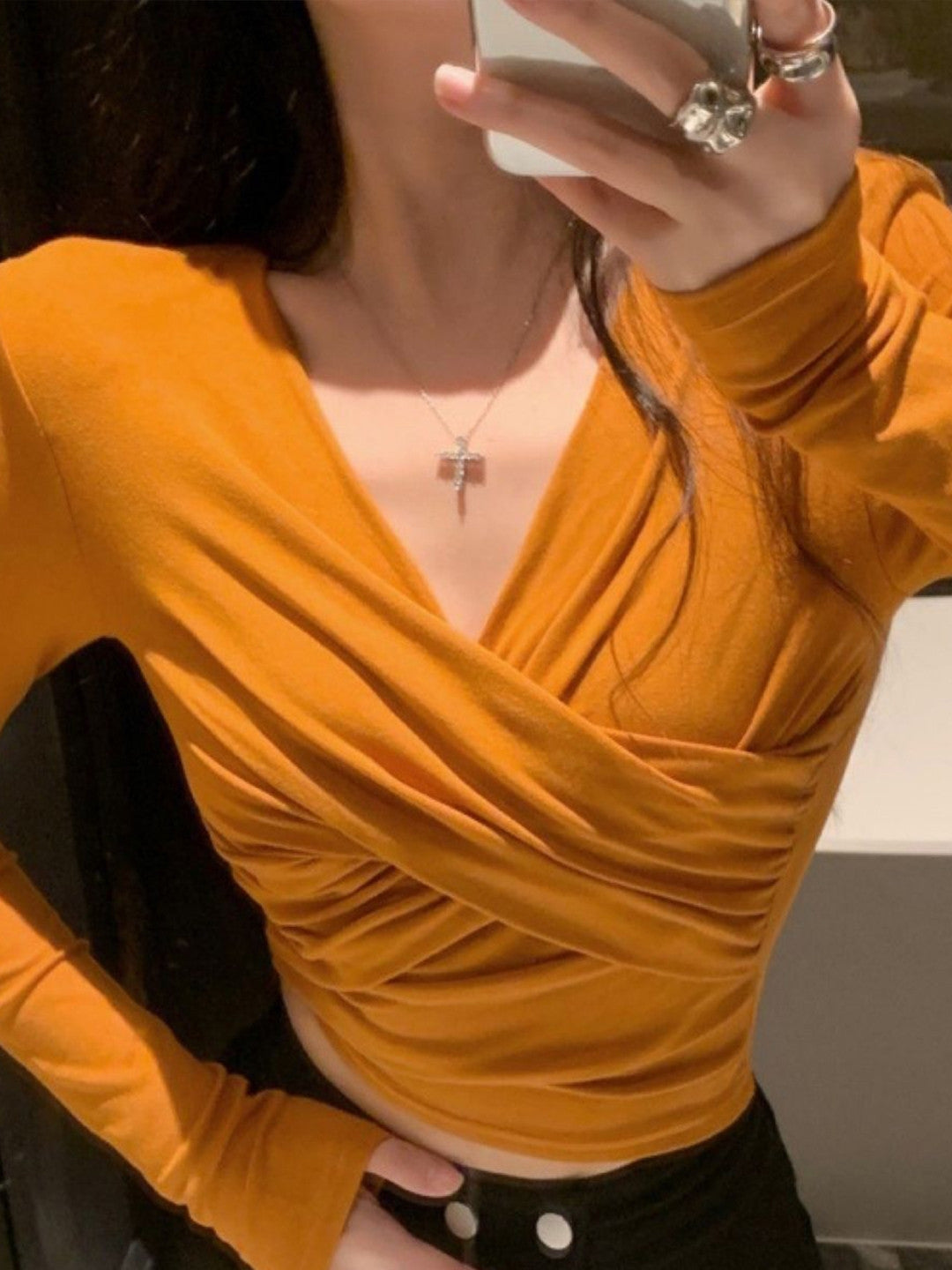 Orange V-Neck Long Sleeves Solid Viscose Rayon Crop Top