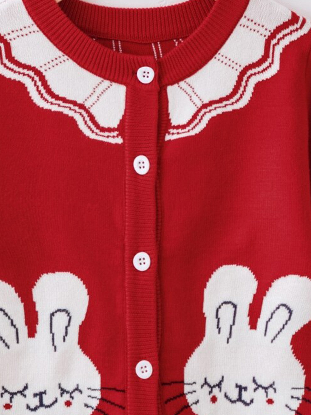 Red V-Neck Printed Long Sleeves Casual Front-Open Viscose Rayon Sweater